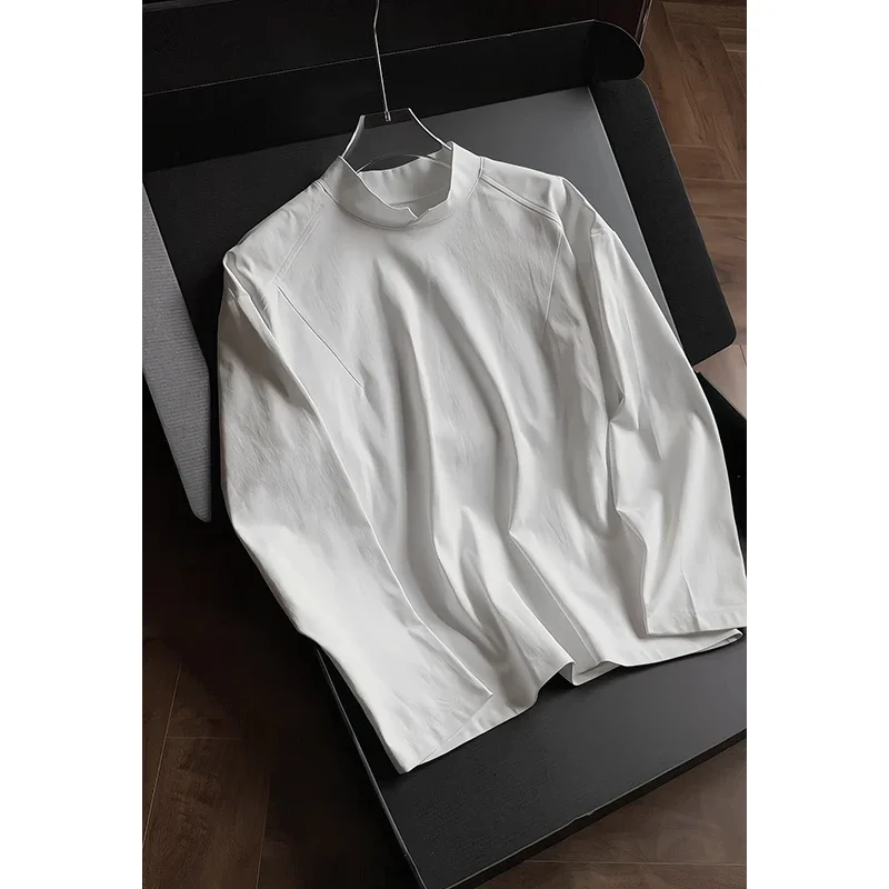 Men Minimalist Notch Stand Collar Long Sleeve Tee Raglan Stitching Relaxed Curved Hem Casual Blouse