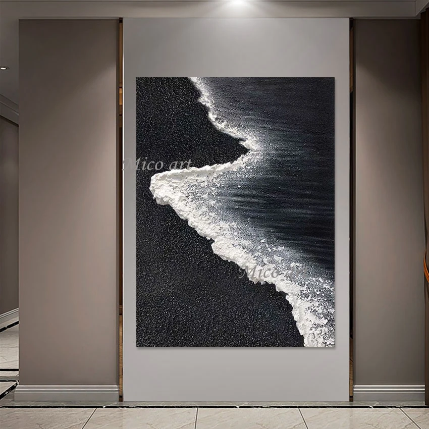 Beautiful Scenery Wall Painting, Sea Wave Abstract Art Canvas, Oil Painting, Unframed Wall Picture, Black White Design Artwork