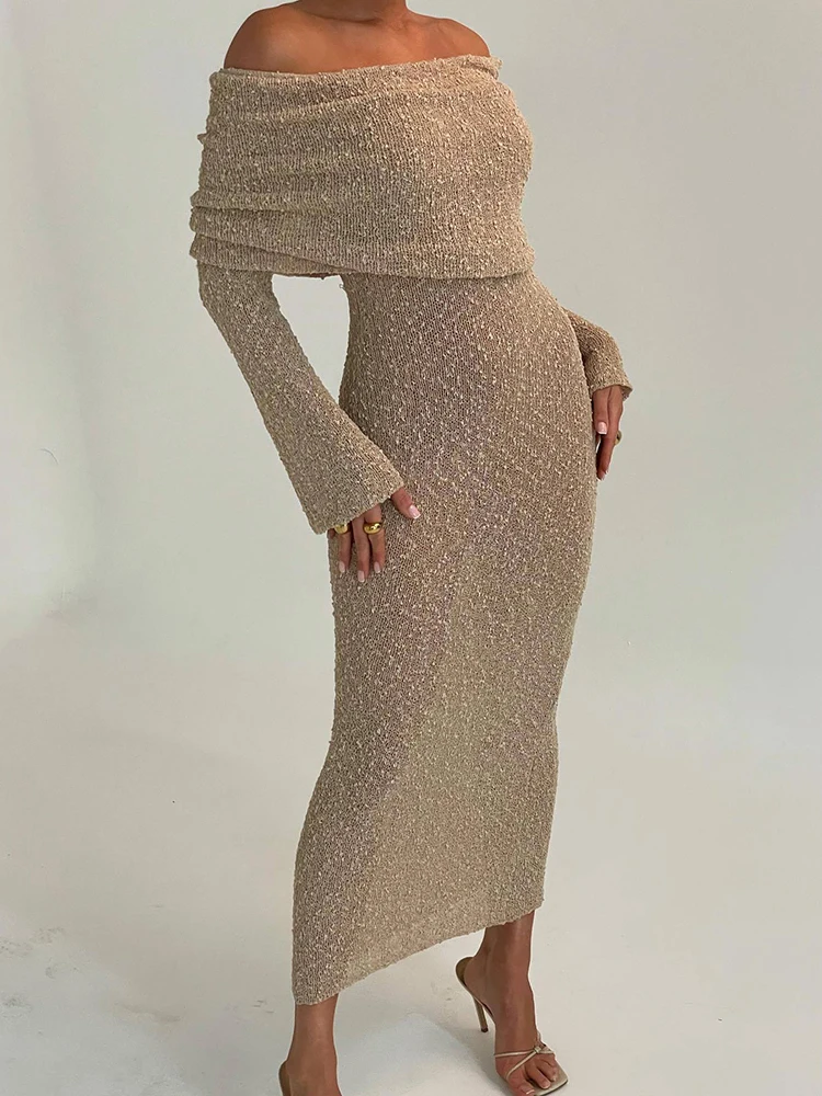 Mozision Hollow Out Strapless Knit Sexy Maxi Dress For Women Off-shoulder Backless Long Sleeve Beach Holiday Long Dress