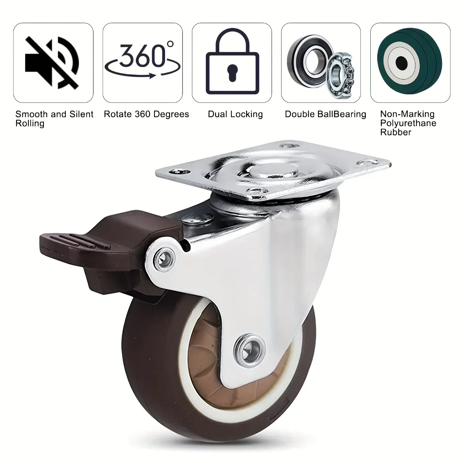4PCS Furniture Casters Wheels TPR Soft Rubber Swivel Caster Silver Roller Wheel With Brake For Platform Trolley Chair