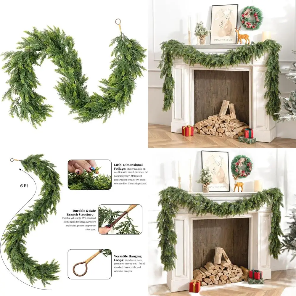 

Реалистичная гирлянда из искусственного кедра, 6 футов x 2 шт., пишная зелень для рождественской мантии и декора камина