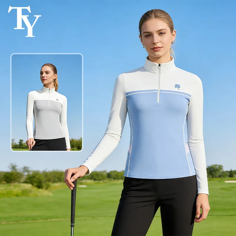 

TTYGJ Women Golf Training T-Shirts Team Clothing Long Sleeve Zipper Collar Polo Shirt Contrast Color Sports Golf Tops Spring