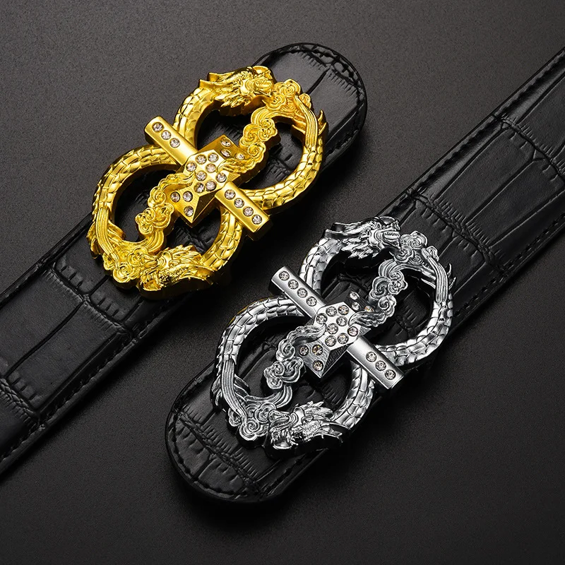 

Business Men's Genuine Leather Smooth Buckle Belt with Crocodile Pattern Korean Fashion Belt Personalized Leading Belt