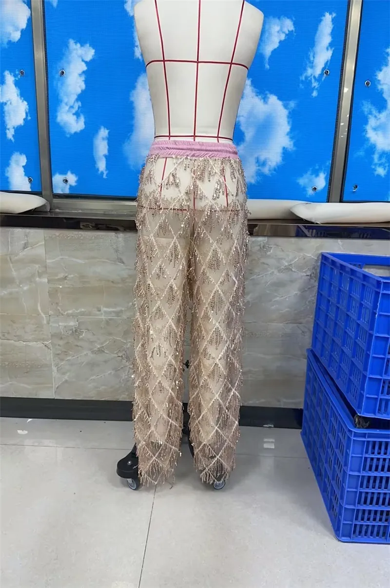Glitter Sequin Fringe Mesh See Through Wide Leg Pants Elastic Waist Drawstring Sheer Palazzo Trousers Beach Party Club Cover Up