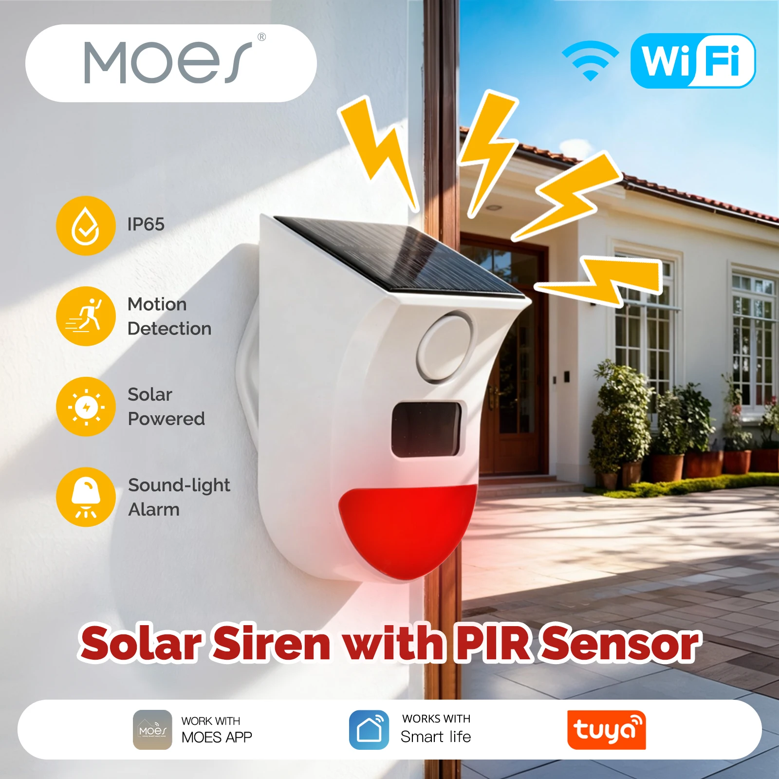 

MOES WiFi Smart Solar Siren with Remote & PIR Sensor Outdoor Siren Alarm,120dB Powered,Waterproof,Works with Alexa Google Home​