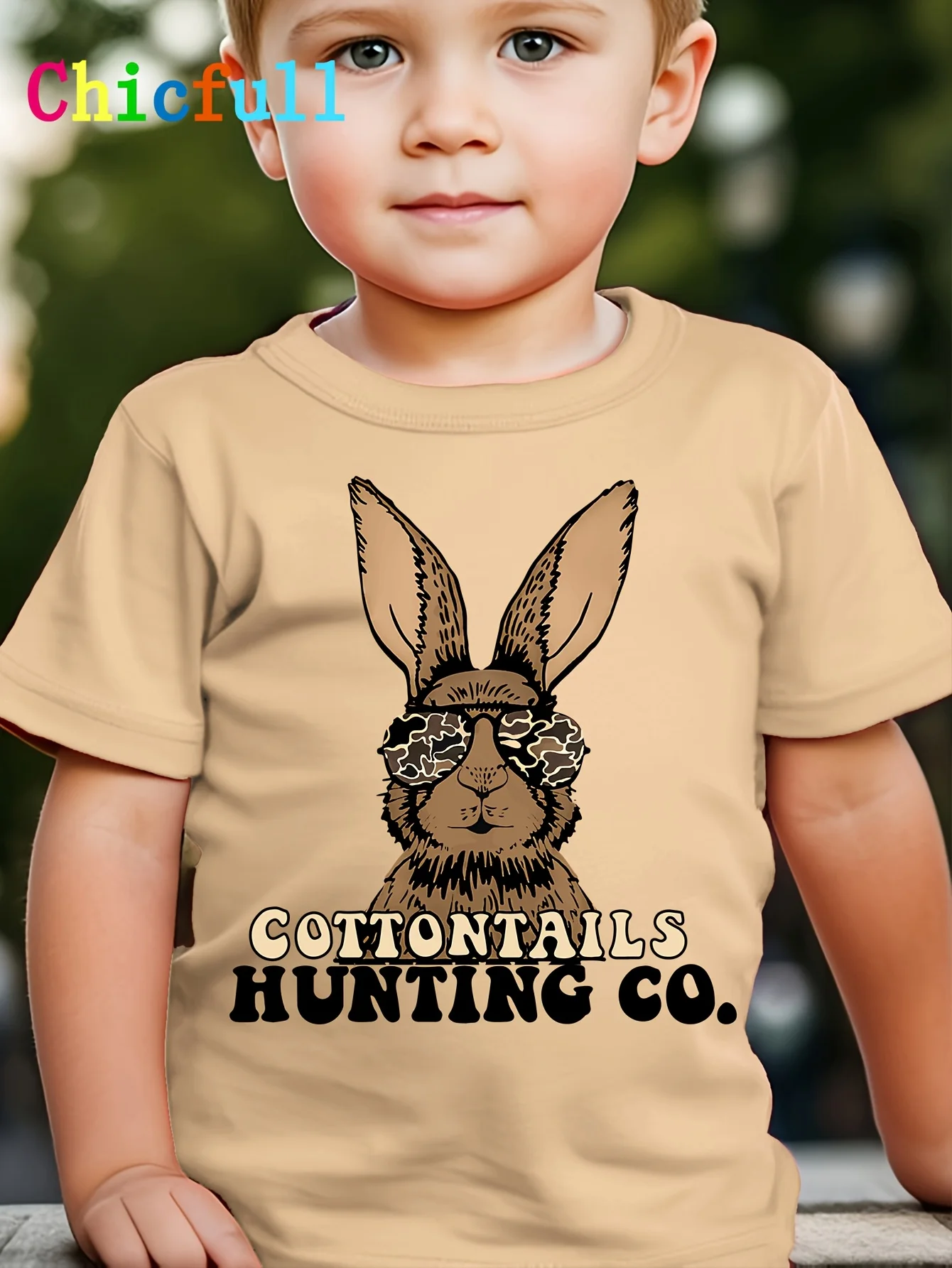 TX0849 Boys COTTONTAILS HUNTING CO. Brown Rabbit‑Print Handsome Versatile Trendy Casual T‑Shirt
