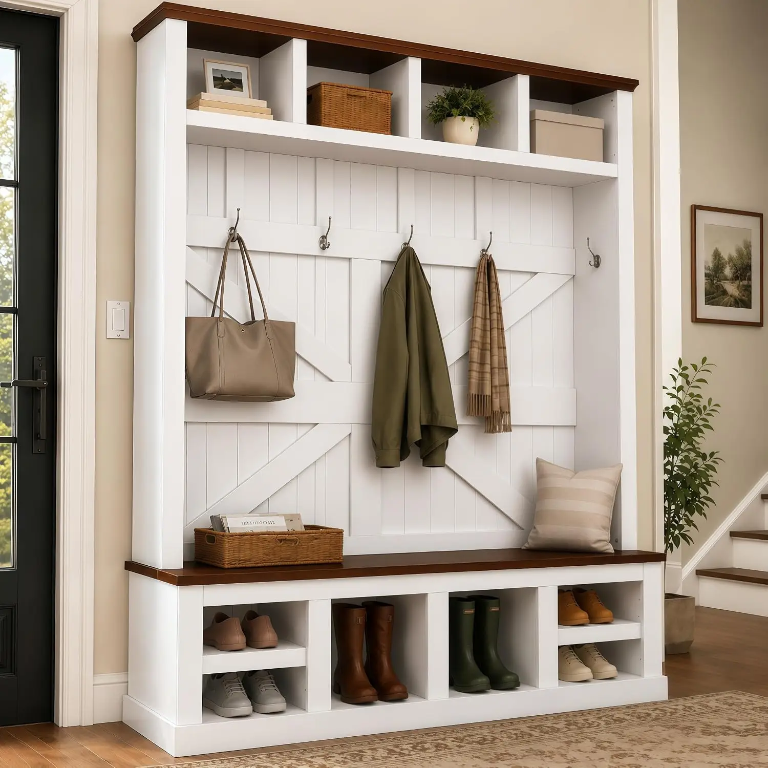 Farmhouse Hall Tree with Bench and Shoe Storage, All-in-One Entryway Coat Rack with 6 Hooks, 4 Open Cubbies & Shoe, Customized