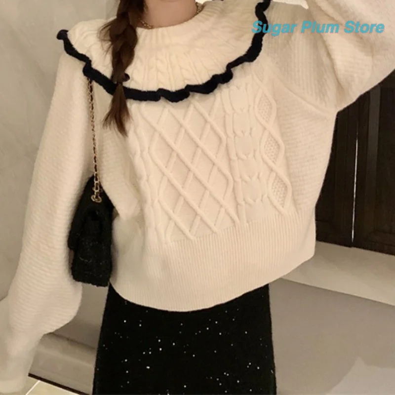 Korean Sweet Wind Women's Winter Clothes New Loose Rhombic Sweater Wave Wood Ear Soft Warm Skin-friendly Dating Commuter Top