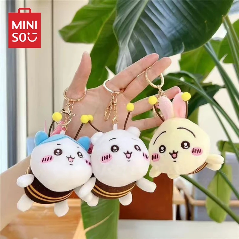 Miniso chaveiro de pelúcia série chiikawa pequena abelha dos desenhos animados boneca hachiware usagi mochilas pingente decoração bonito brinquedos de pelúcia crianças presentes