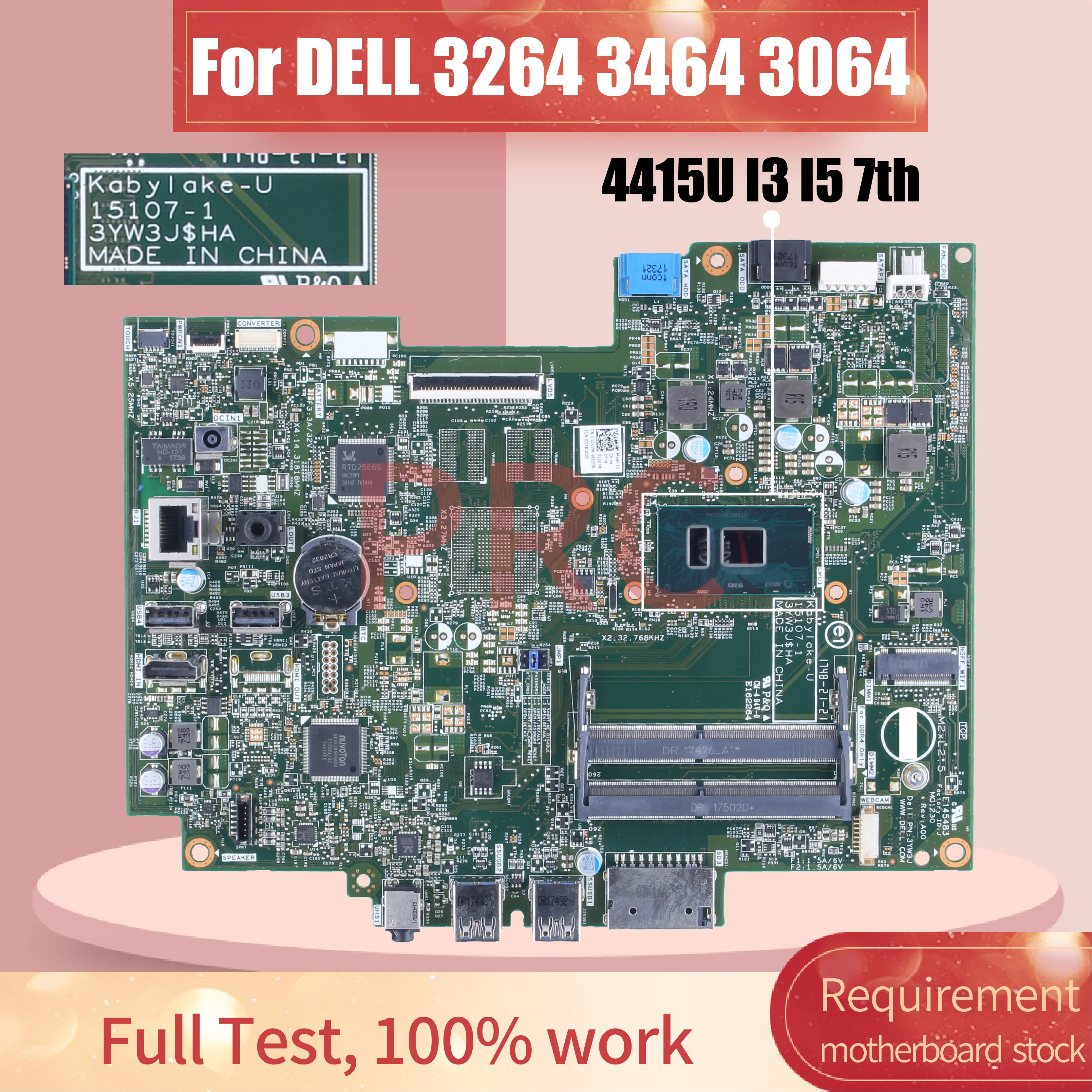 15107-1 For DELL Inspiron 3264 3464 3064 Laptop Motherboard CN-012V7M 4415U I3-7100U i5-7200U DDR4 Notebook Mainboard Tested