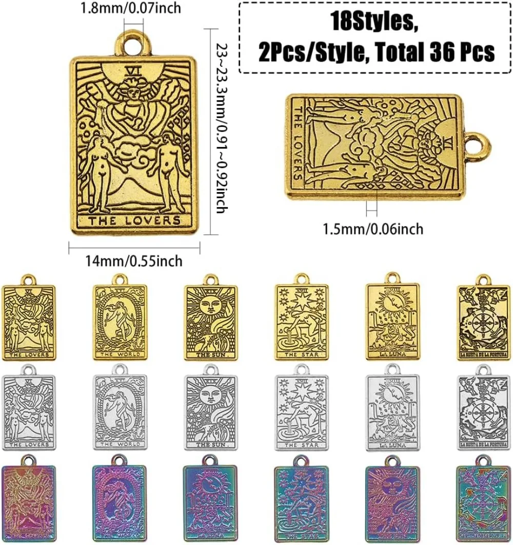 36Pcs 18Styles Tarot Card Charms Rectangel Rack Plating Alloy Pendants for DIY Bracelet Earrings Necklace Jewelry making kit