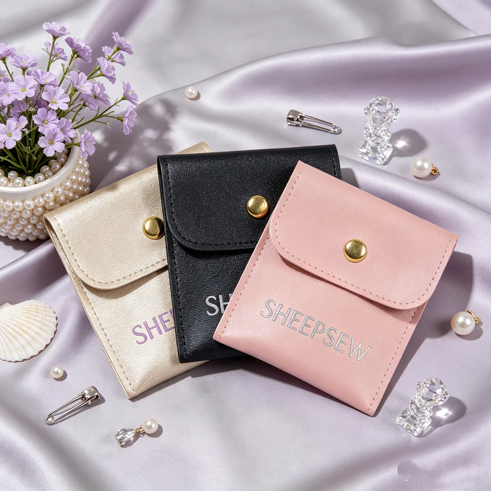 20 Luxury Custom Logo Snap Button PU Leather Jewelry Packaging Bag Small Jewellery Storage Pouch For Bridesmaid Gift