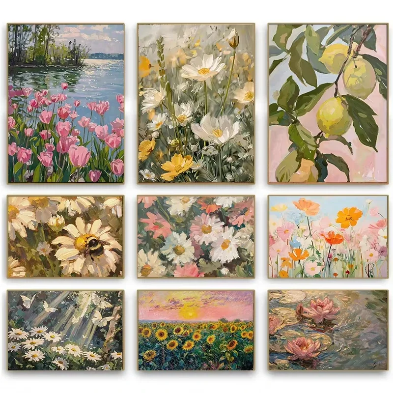 1pc frameless Canvas Painting Spring Academy Wind Plant Flowers Daisies Tulip Butterfly Bees Retro Poster Prints Canvas Painting