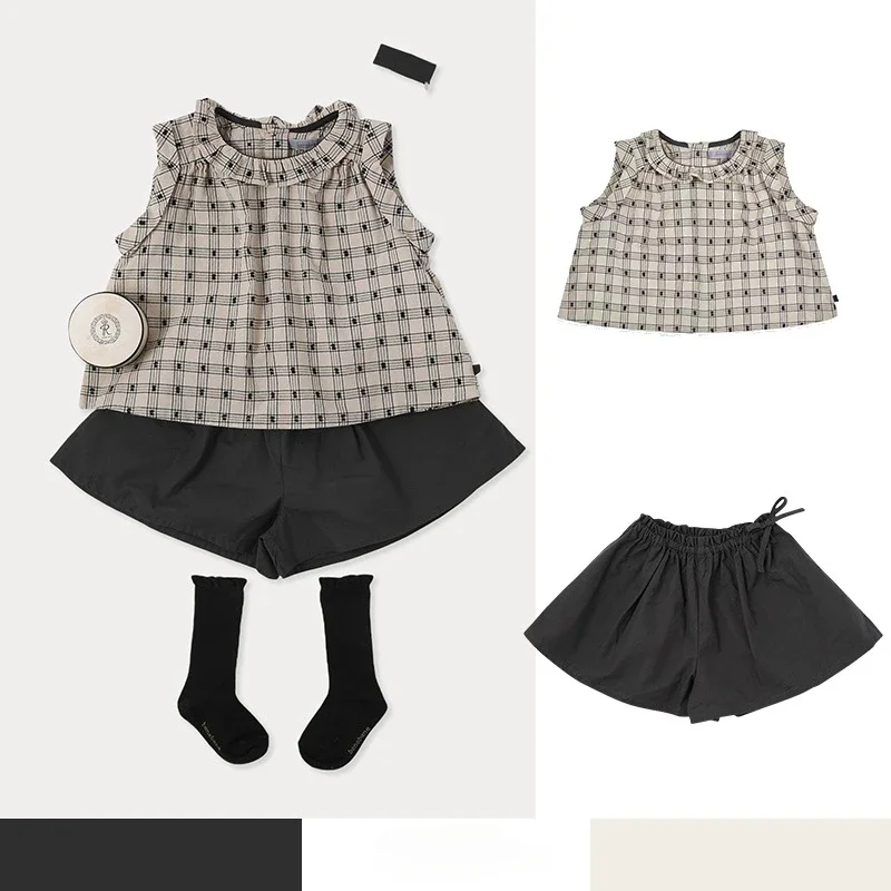 

Sleeveless Cut Plaid Set Yarn-dyed Checked Shirt Children's Wash Horizontal Cotton Girls' Shorts Top Sets