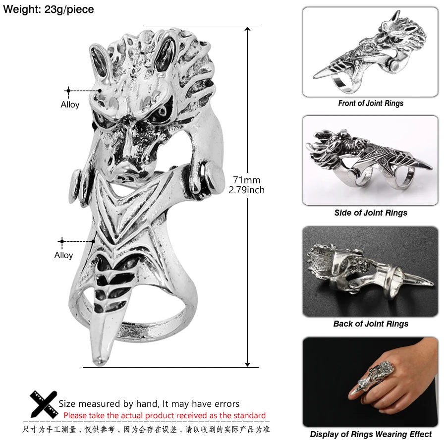 Gothic Knuckle Dragon Rings Vintage Wolf Silvery Armour Double Finger Joint Activity Ring Men Fashion Rock Halloween Accessories