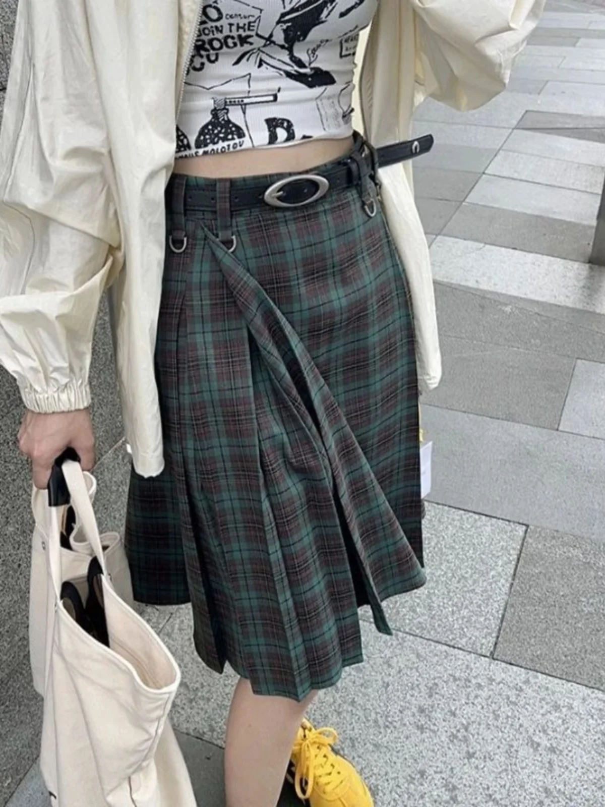 

Юбка-миди в клетку с высокой талией, плиссированная, из тафты, для женщин, в уличном стиле, коллекция Весна 2025