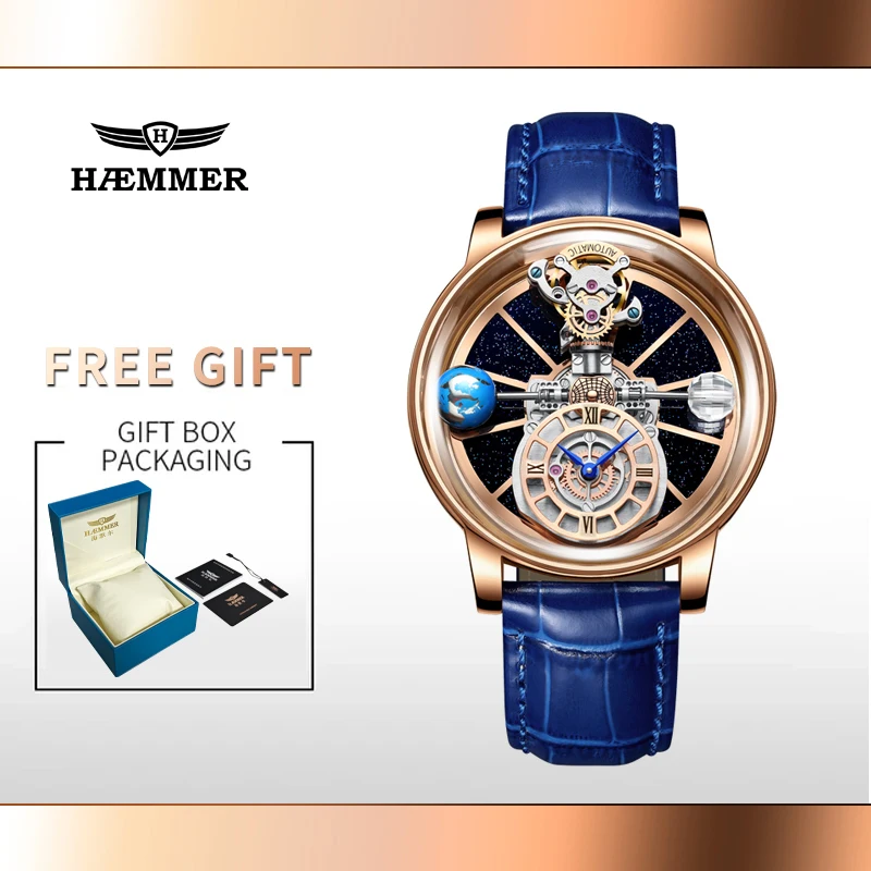 2025 HAEMMER Astronomy Men's Watch Transparent Case Design Men's Leather Quartz Watch Time Adjustment Jacob Relogio Waterproof