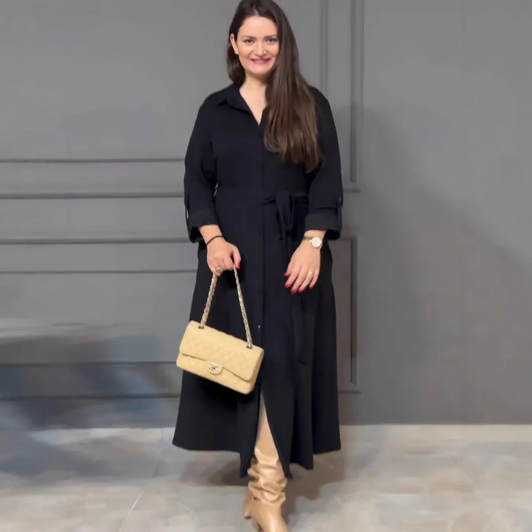 

Свободный длинный све irt Dr с поясом, затягивающимся воротником-стойкой, оверсайз, новинка 2024, трансграничная женская мода