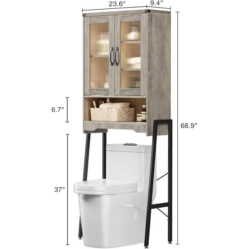 Over The Toilet Storage Cabinet with Tempered Glass Doors & Adjustable Shelf, Bathroom Organizer with Metal Stand Space Saver