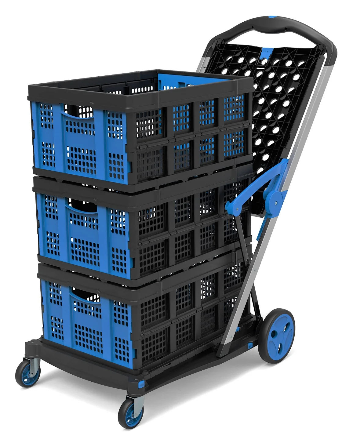 Commercial Grade Double Layer Folding Cart PP Material Four-Wheel Structure Platform Removable Baskets Wheels