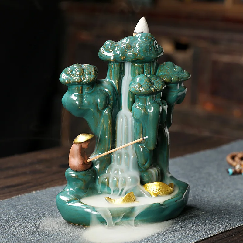 Fish Man Hanmade Ceramic Backflow Incense Stick Holder Gold For Home Decor Aromatherapy Ornament