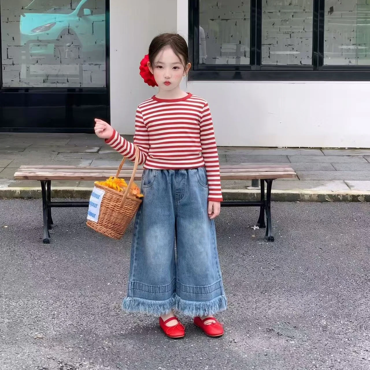 Girls Long Sleeve T-shirt Autumn New Children's Clothing for Girls Slim Fit Striped T-shirt Tassel Denim Wide Leg Pants