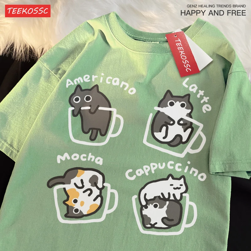 Cat Coffee Pure Cotton Trendy Summer Loose Short Sleeved T-shirt Women Original Mocha Latte Cat Three Flowers Fun Cat Tees