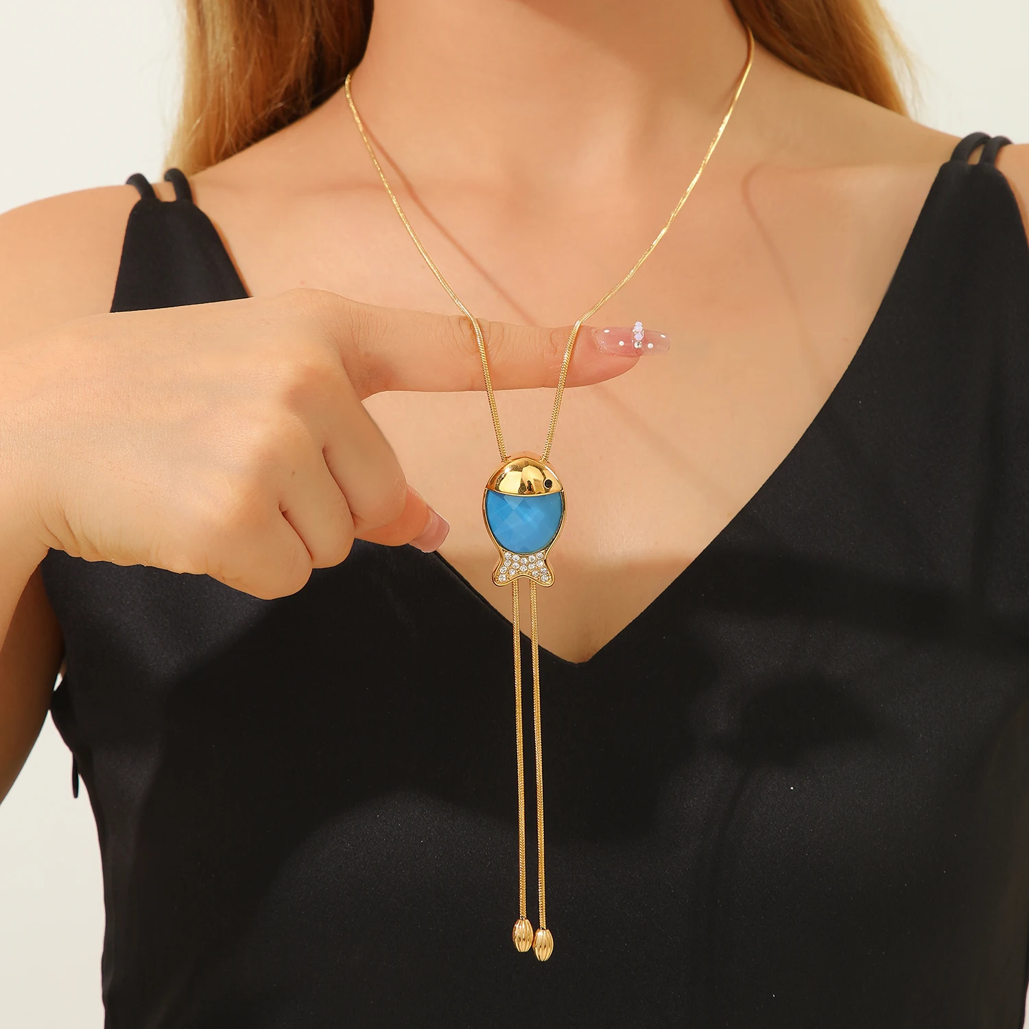Gold Plated Bolo Slide Long Sweater Y-Necklace for Women Cute Fish Pendant Rotating Imitation Pearl Snake Chain Jewelry Gifts