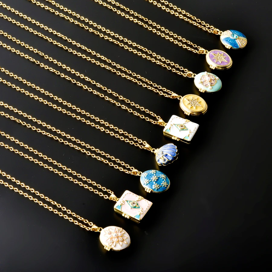 Vintage Enamel Openable Locket Gold Plated Flower Star Shell Tulip Book Photo Frame Pendant Necklaces For Women Jewelry Gift