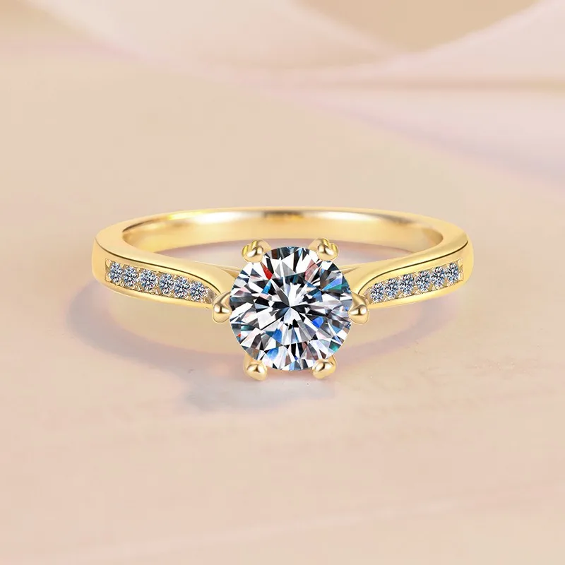 

Luxury Solid Real 18k Gold Women's Six Claw Ring Moissanite 1 karat Diamond Rotating Crown Ring