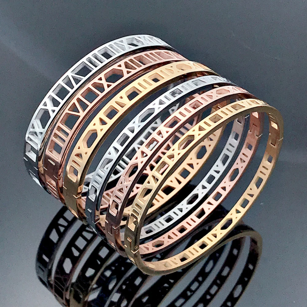 4mm/7mm/12mm Width Hollow Roman Numeral Bracelets Stainless Steel Waterproof Cuff Bangle For Women Men Fashion Jewelry