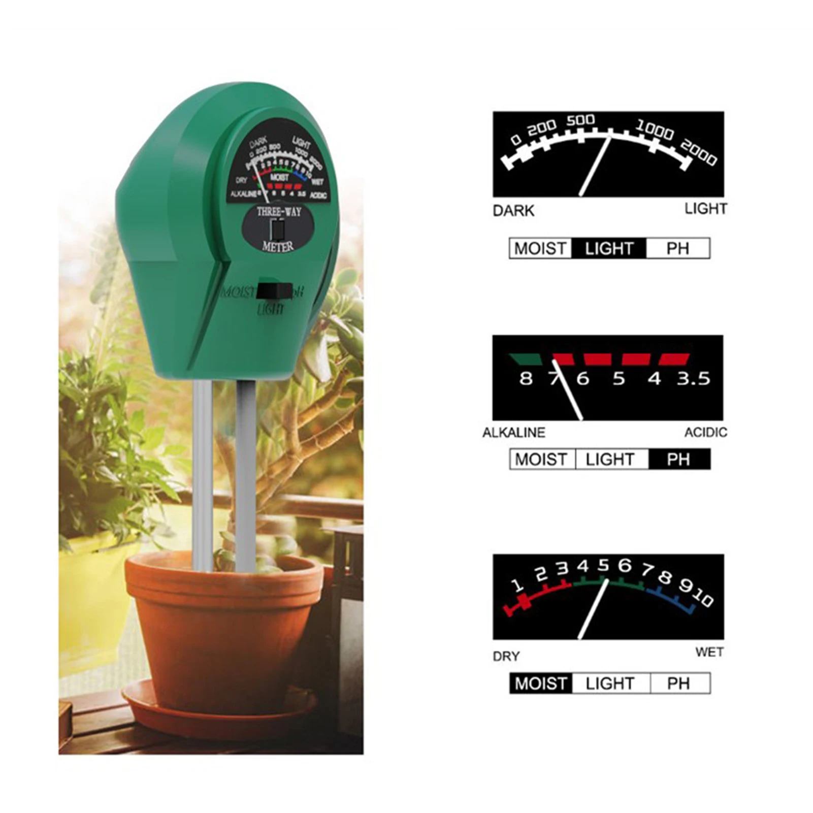 

3 in1 Moisture Sunlight PH Meter Soil Water Acidity Humidity Light PH Test Garden Plants Flowers Moist Tester Testing Instrument