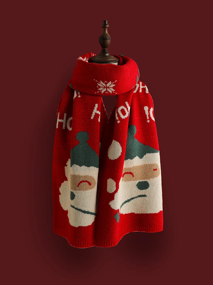 Red Christmas Scarf for Women Autumn and Winter Knitted Scarf Cartoon Pattern Thickened Warm Fashion Shawl