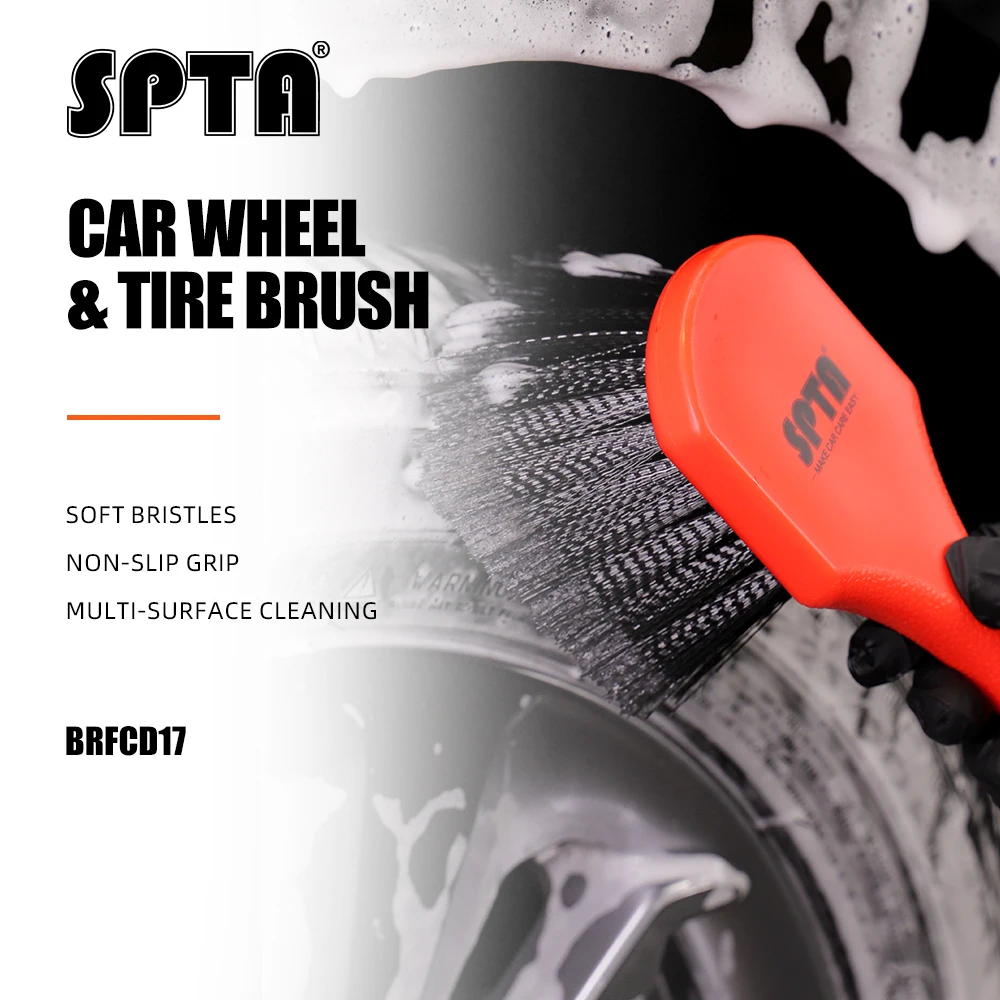 SPTA 1PC Soft Bristle Car Wheel Tire Wash Brush for Rim Interior & Exterior Surface Cleaning Orange Handle for Easy Scrubbing