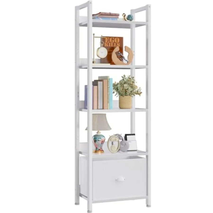 

Bookshelf with Drawer, Tall Narrow Bookcase with Shelves, Wood and Metal Book Shelf Storage Organizer, Modern Display Standing