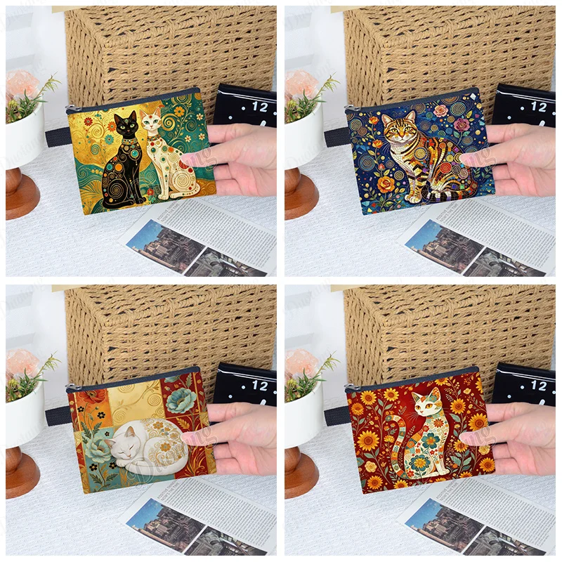 Oil Painting Cat Pattern Coin Bag Klimt Style Abstract Cats Women Card Key Earphone Holder Coin Purse for Ladies Zipper Pouch