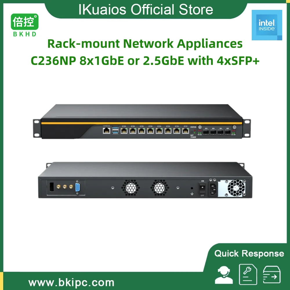 

IKuaiOS 1U Rackmount Appliance for Firewall Router Sever Gigabit Ethernet or 2.5G 8-port 4x10G SFP+ Intel Core Xeon C236 8L 4S