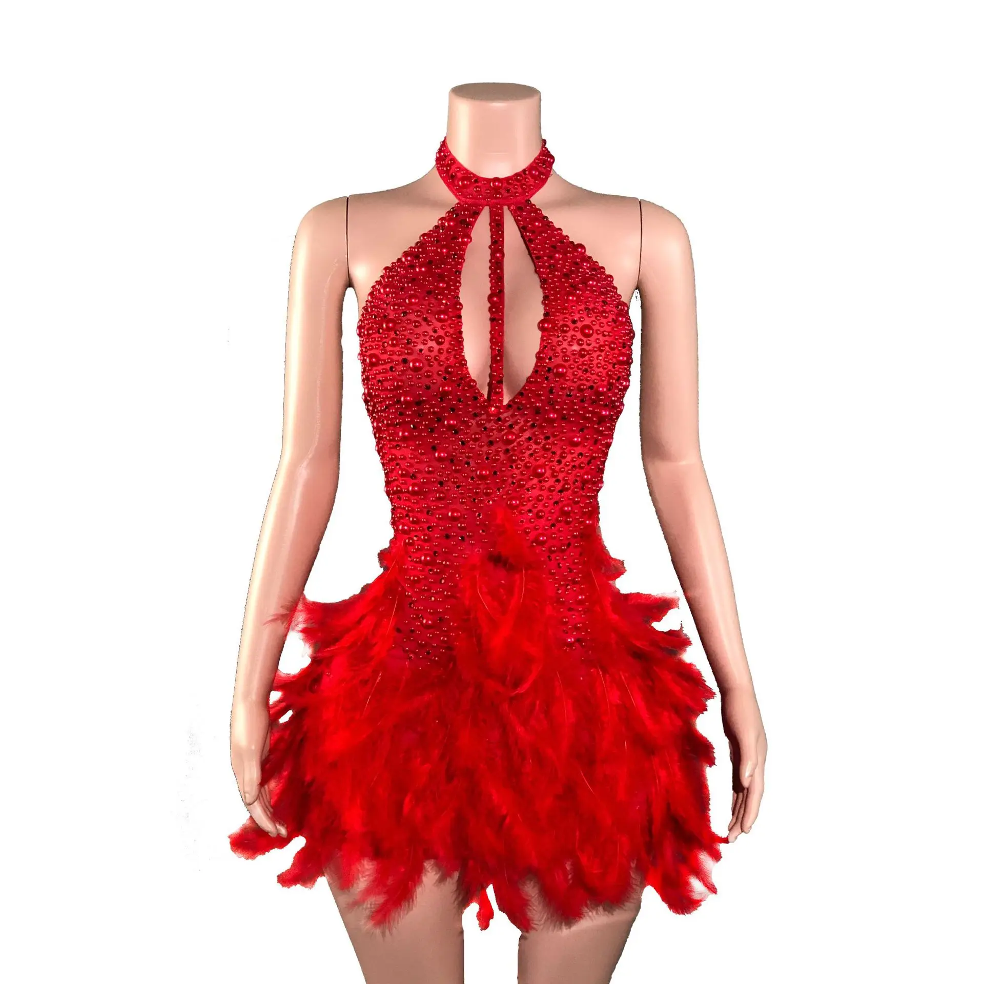 

Cute and sexy miniskirt, multi-color skirt, feather neck, backless dress, stage performance uniform neck