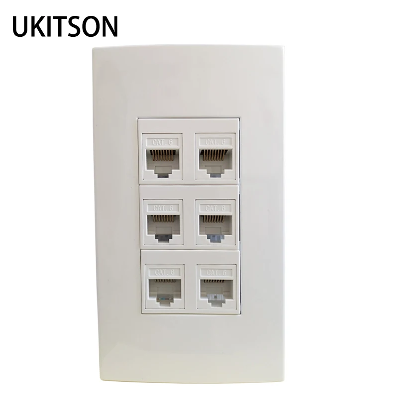 6 Port Cat6 Keystone Jack Ethernet Wall Plate US Decorative Faceplate Pass Through CAT.6 LAN Network Panel Plug In White