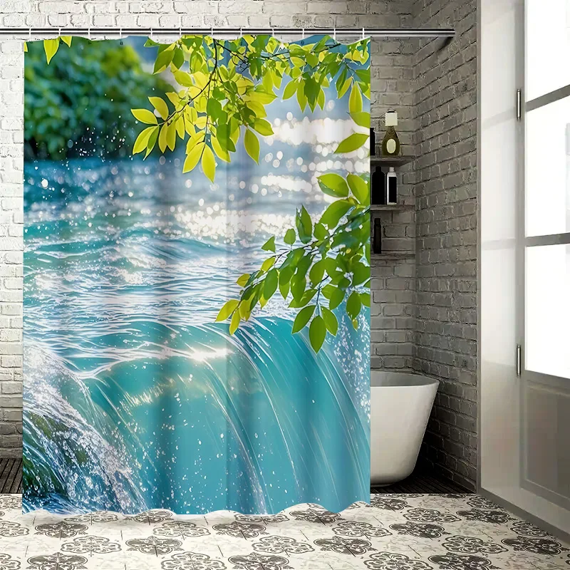 Fresh Waterfall and Green Leaves Shower Curtain for Bathroom - Nature Scene Decorative Waterproof Durable  Rustproof Hooks‌