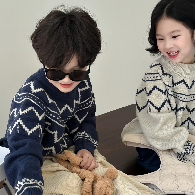 Sweater 2024 Autumn Boy Girl Korean Wave Knitting Top Round Neck Leisure Loose Wool Comfortable Cute