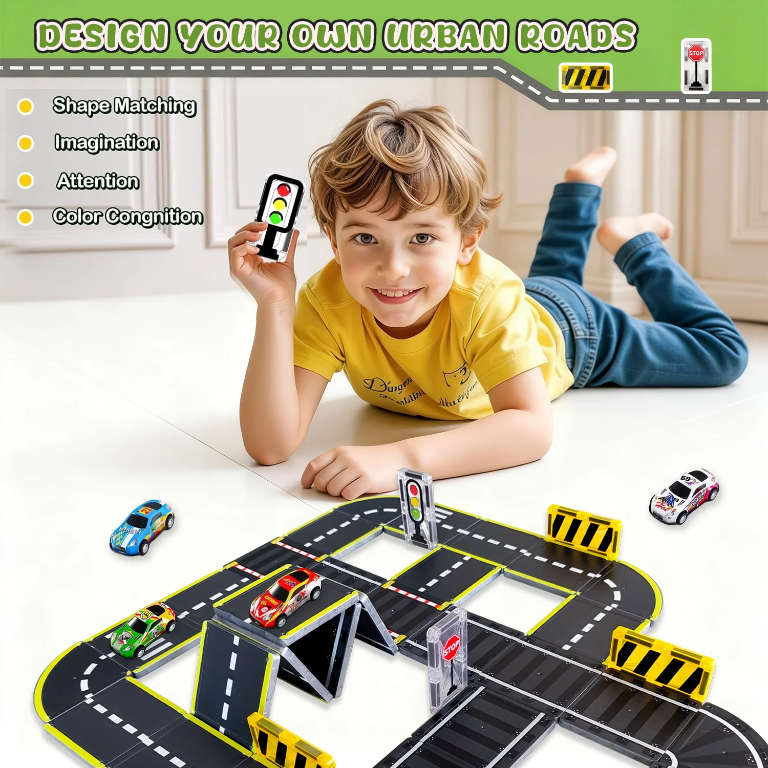 Magnetic Building Blocks Toy Magnetic Track Road with Cars, Stem Toy Creative and Educational Construction Toy, Suitable for Children's Birthday Holiday Gifts, Random Color