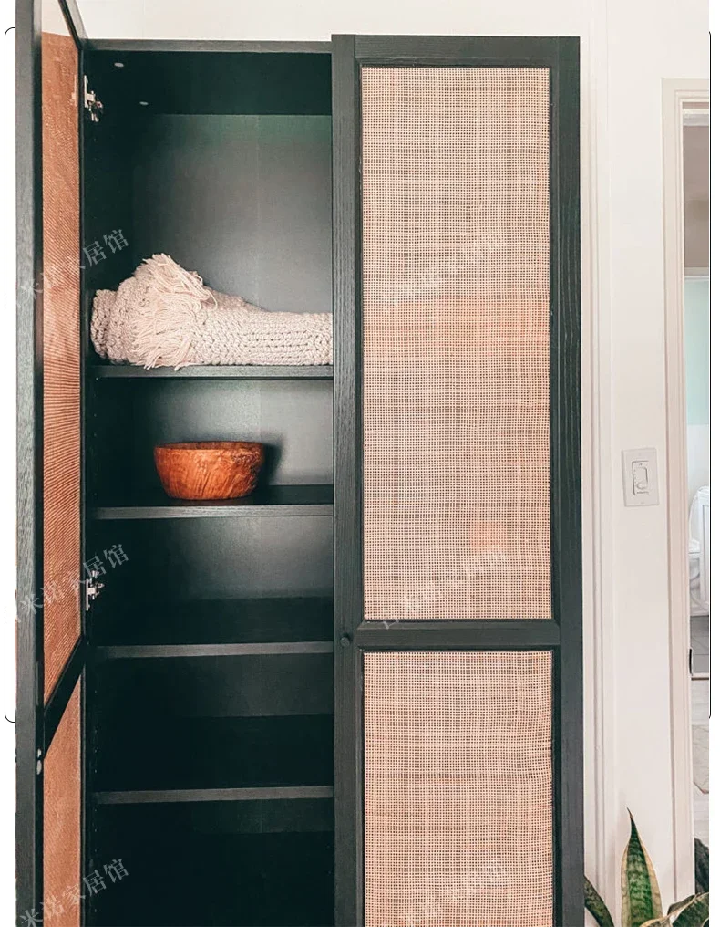 American-Style Solid Wood Bookcase French Retro Black Rattan Cabinet Customizable Furniture Model House Bed & Breakfast Wardrobe