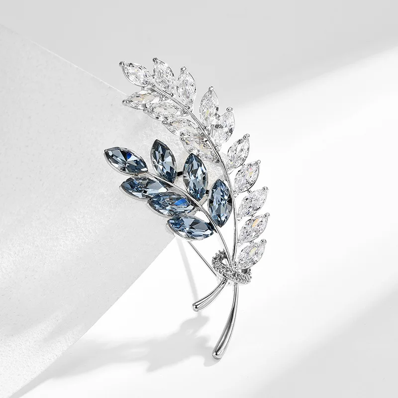 Chinese Style Lucky Auspicious Fortune Wheat Ear Blue Clear Crystal Zircon Brooch Luxury Women Suit Dress Lapel Pin Jewelry Gift
