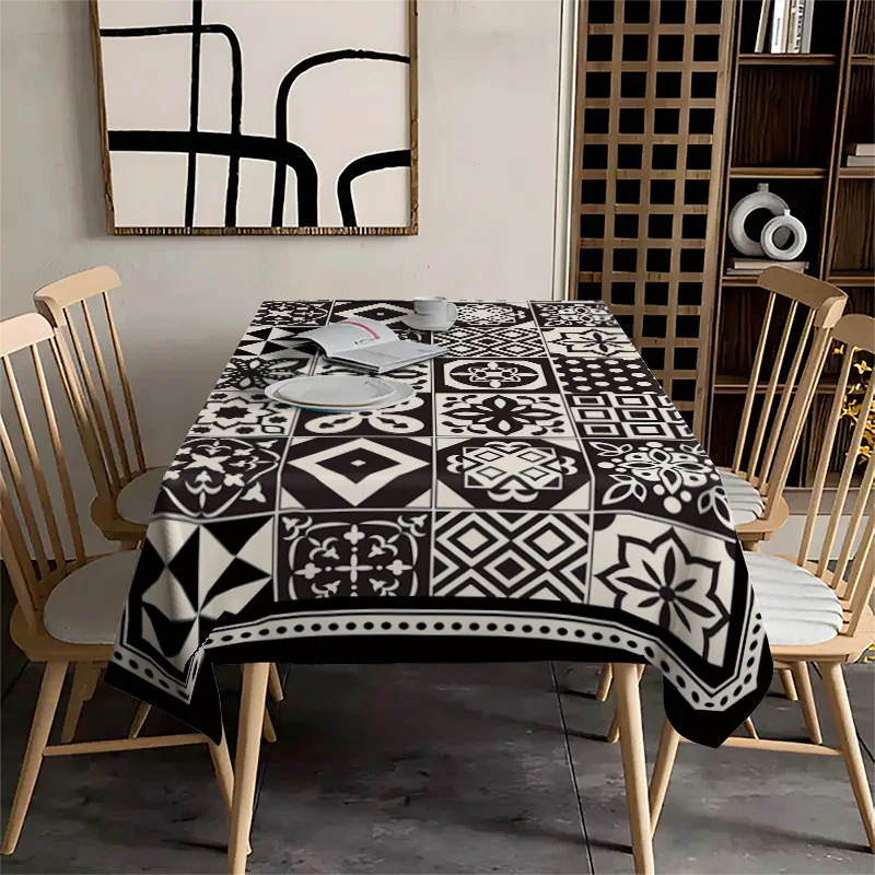 1pc Retro Black and White Patterned Tile Cloth for Tabletop. Moroccan Geometric Print. Antique Style Table Decorative Cloth.zyc