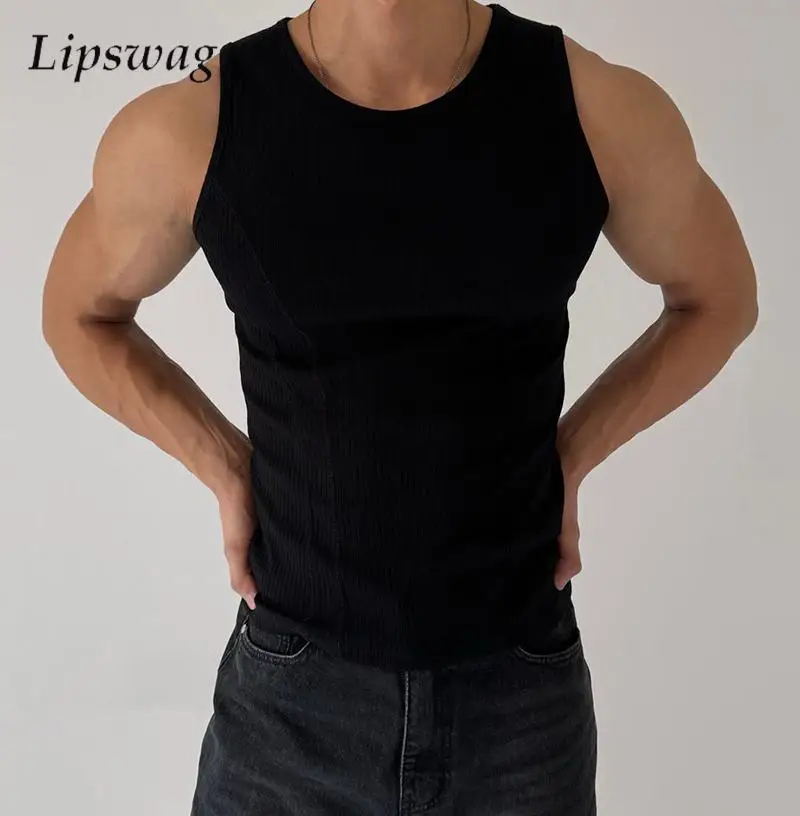 Stretch Slim Fit Ribbed Tank Tops Men 2025 Summer Sports Training Quick-dry Camisoles Mens Sleeveless Crew Neck Solid Color Vest