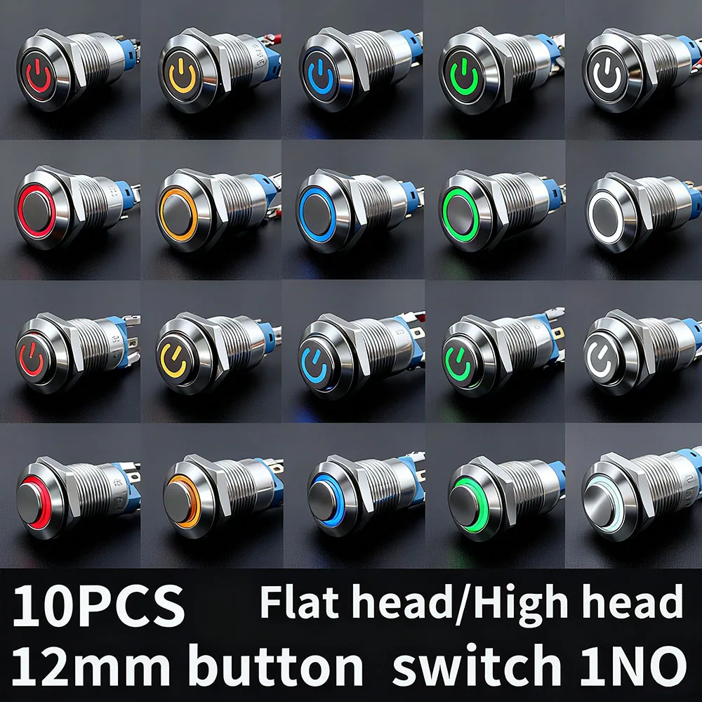 10pcs 12mm Waterproof Metal Push Button Switch LED Light Momentary Locking Car Engine PC Power Switch 3V 6V 12V 24V 220V 4pin1NO