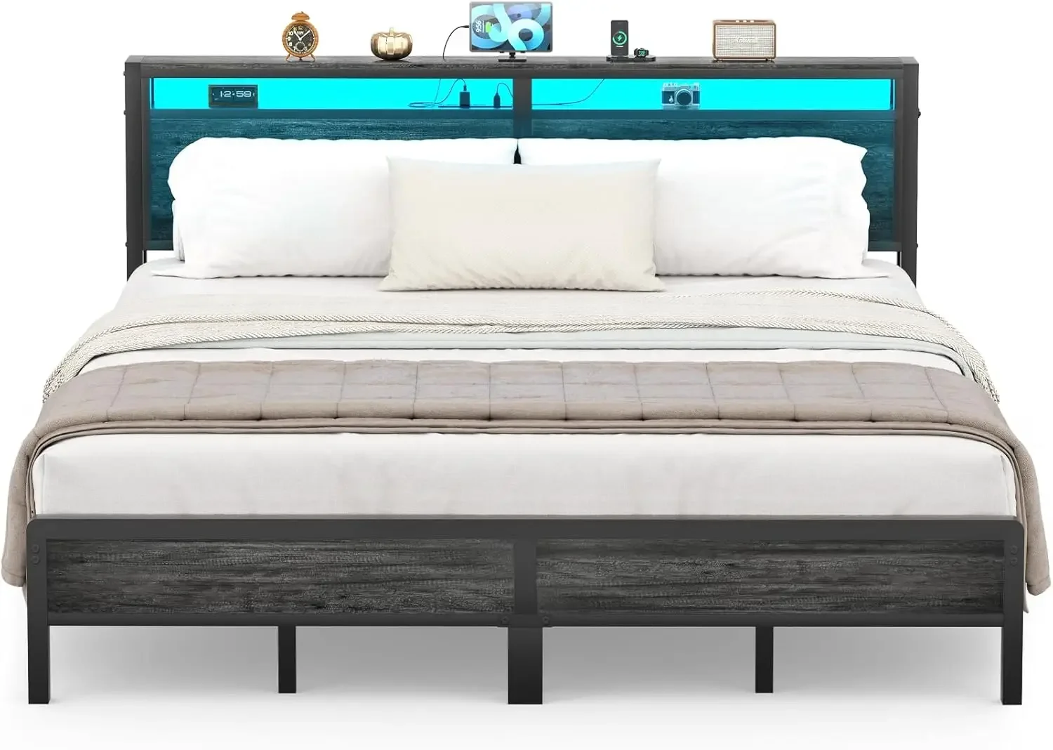 King Size Bed Frame with Charging Station and Led Lights, Industrial Metal Platform Bed with Storage Headboard, Steel S