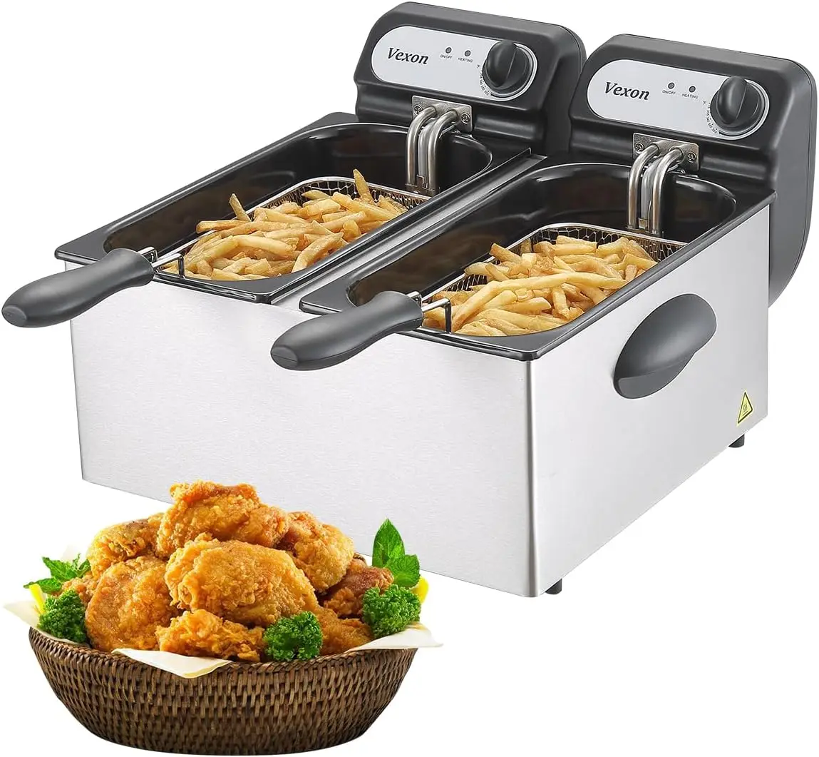 3000W Commercial Electric Deep Fryer With Baskets & Lids,2x3L Stainless Steel Double Deep Fryer,Small Deep Fryer With Basket,Tem