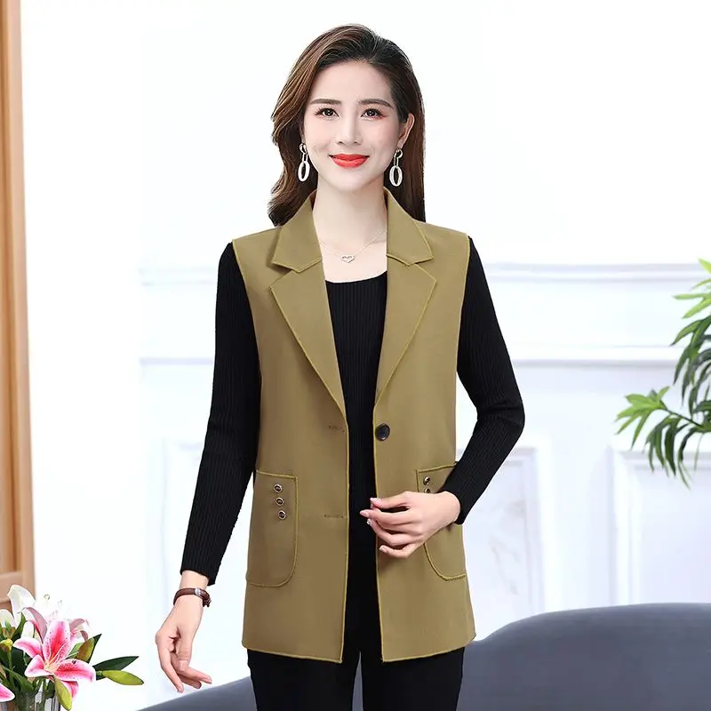 Middle-aged Elderly Mother Suit Vest Coat Spring Autumn Casual Sleeveless Blazer Jacket Women Solid Suits Waistcoat Size XL-5XL